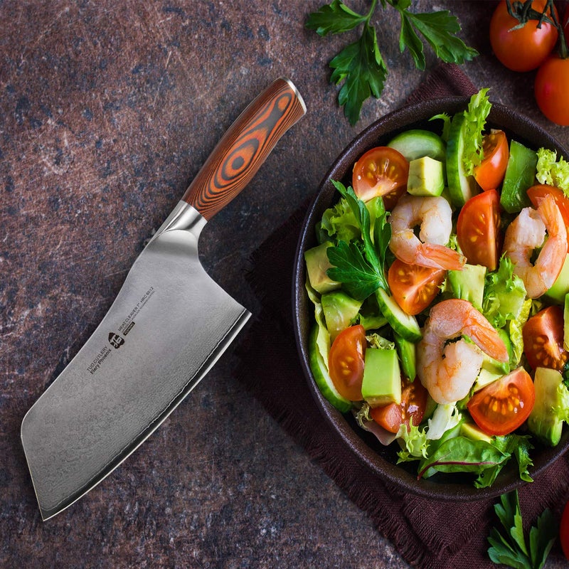 TUO سكين تقطيع TUO - فولاذ داماسكوس ياباني AUS-10 بــ 67 طبقة - سكين طباخ صيني للحوم والخضروات بمقبض باكاوود مريح - 7 بوصة - سلسلة نارية - Image 4